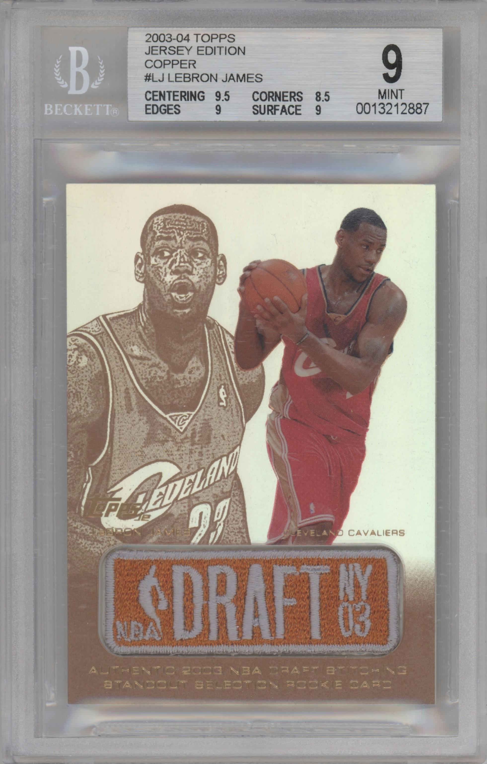 Lebron James from the 2003-04 Topps Jersey Edition set featuring a Copper parallel graded by Beckett and given an overall grade of 9.