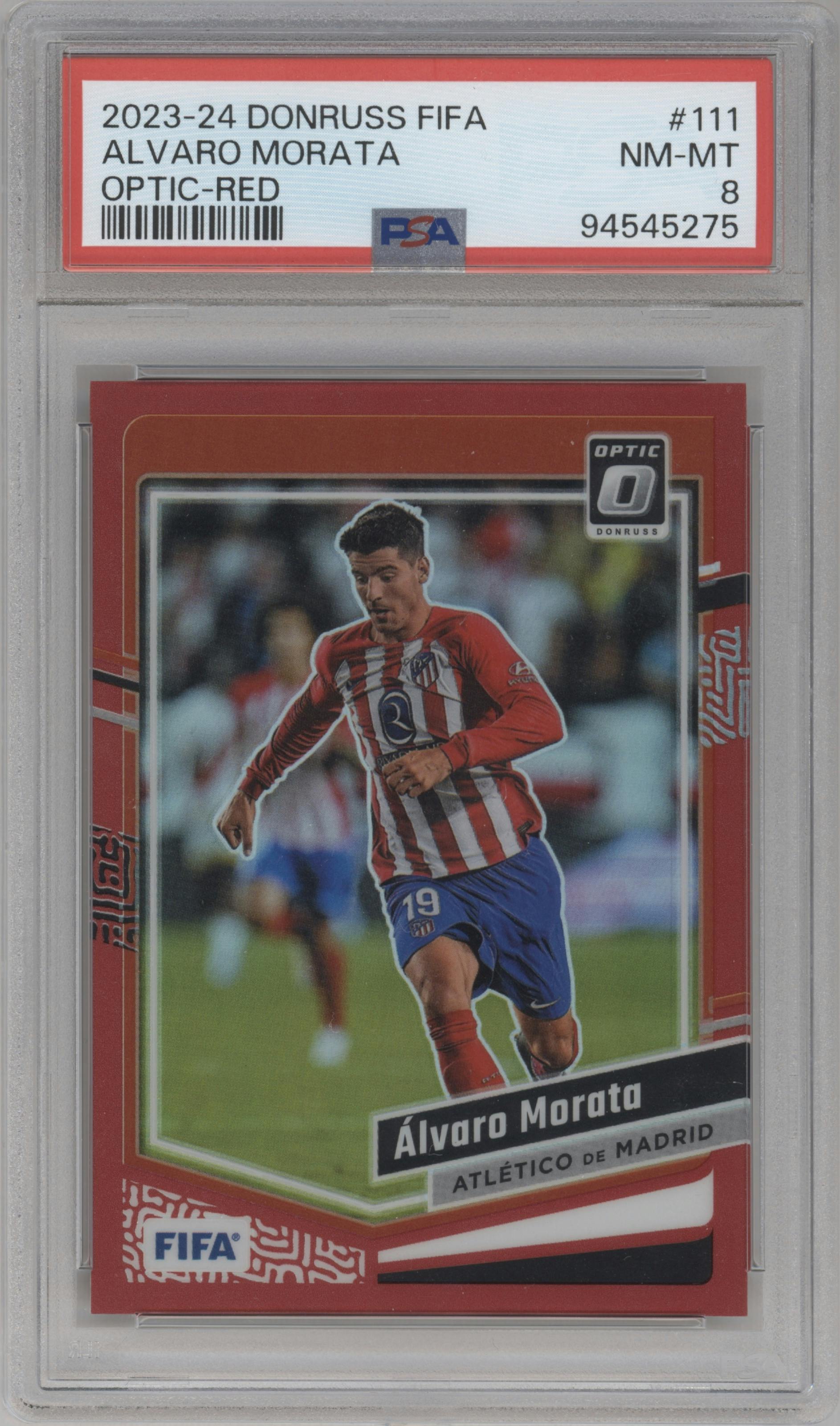 Alvaro Morata from the 2023-24 Panini Donruss set featuring a Red parallel graded by PSA and given an overall grade of 8.