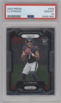 C.J. Stroud from the 2023 Panini Prizm set graded by PSA and given an overall grade of 10.