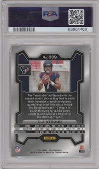 C.J. Stroud from the 2023 Panini Prizm set graded by PSA and given an overall grade of 10.