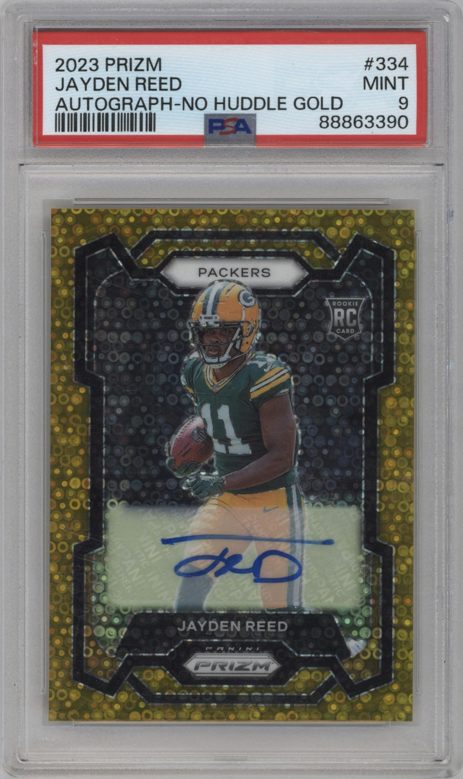 Jayden Reed from the 2023 Panini Prizm set featuring a No Huddle Gold parallel graded by PSA and given an overall grade of 9.