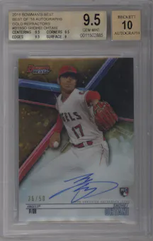 Shohei Ohtani from the 2018 Bowman’s Best set featuring a Gold Refractor  parallel graded by Beckett and given an overall grade of 9.5.