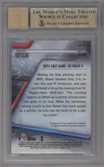 Shohei Ohtani from the 2018 Bowman’s Best set featuring a Gold Refractor  parallel graded by Beckett and given an overall grade of 9.5.