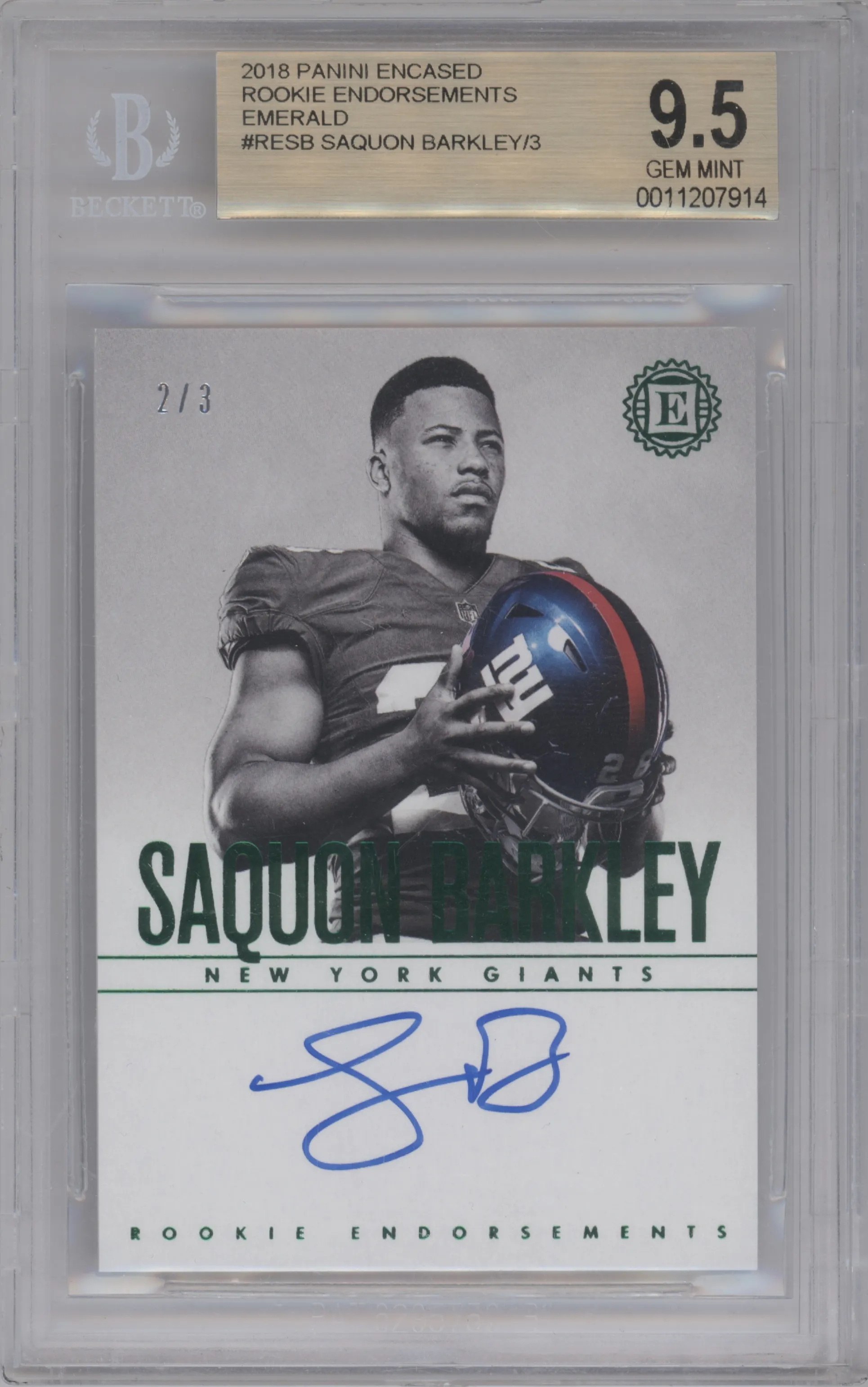 Saquon Barkley from the 2018 Panini Encased set featuring a Emerald parallel graded by Beckett and given an overall grade of 9.5.