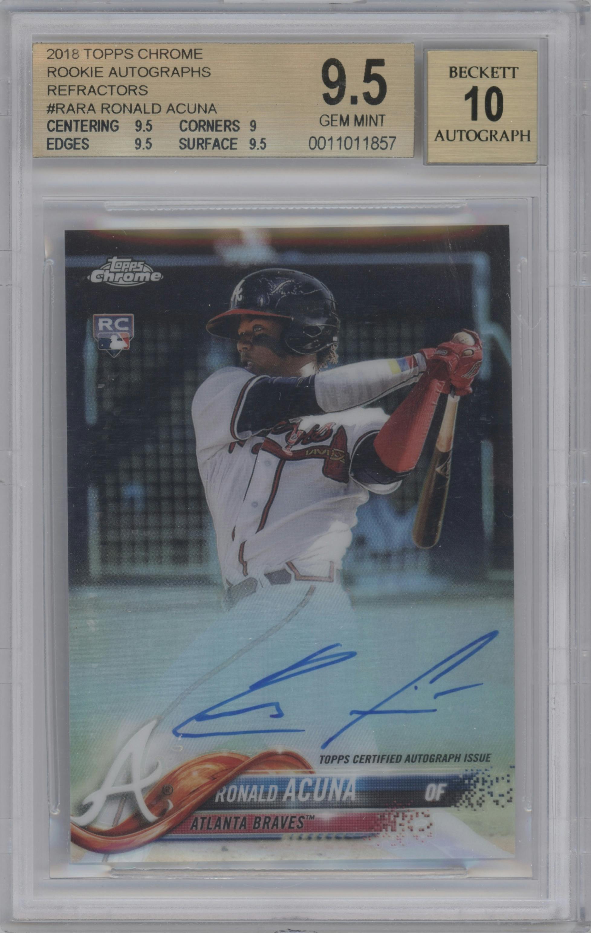 Ronald Acuna from the 2018 Topps Chrome set featuring a Refractor parallel graded by Beckett and given an overall grade of 9.5.
