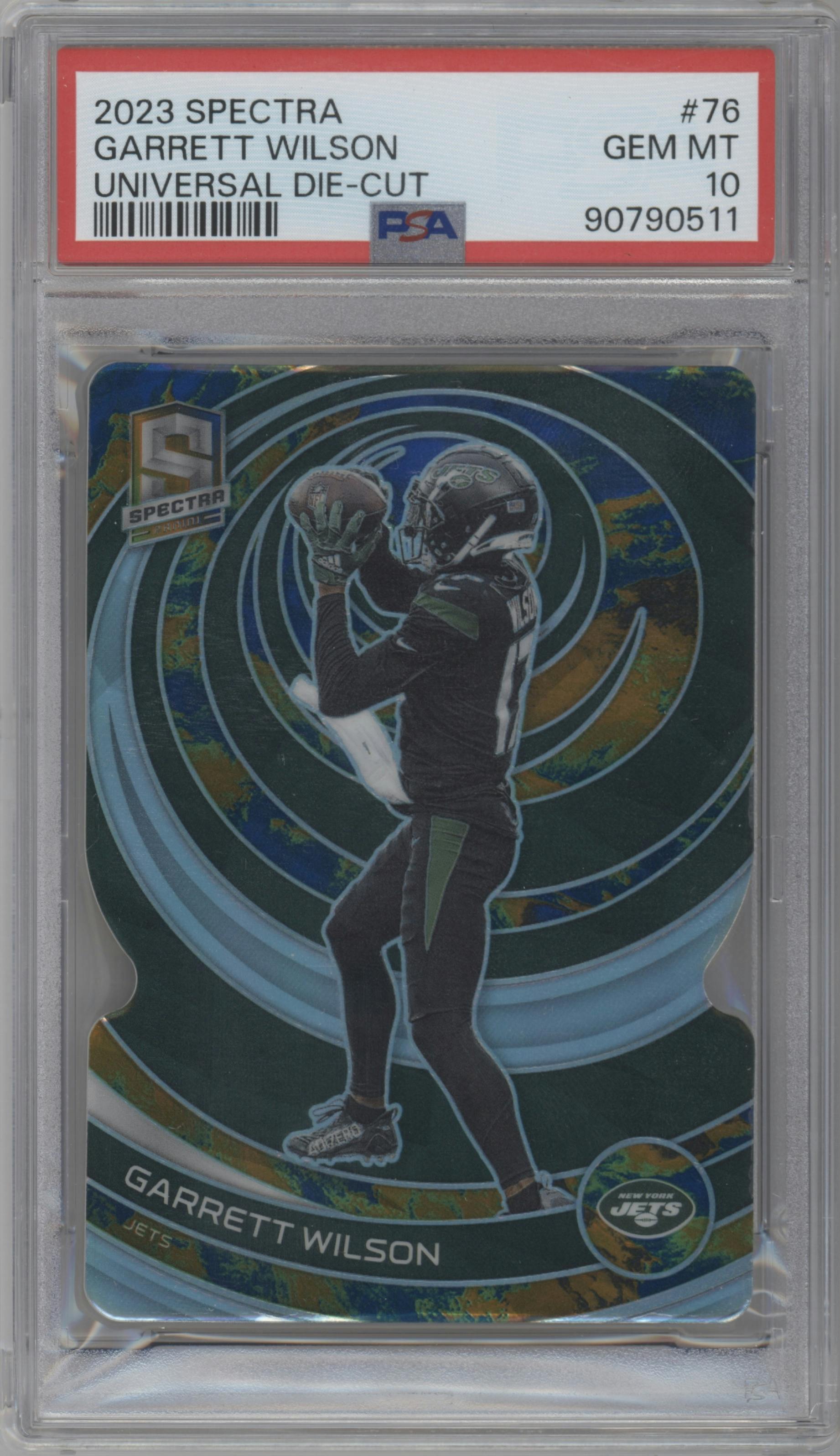 Garrett Wilson from the 2023 Panini Spectra set featuring a Universal Die Cut parallel graded by PSA and given an overall grade of 10.