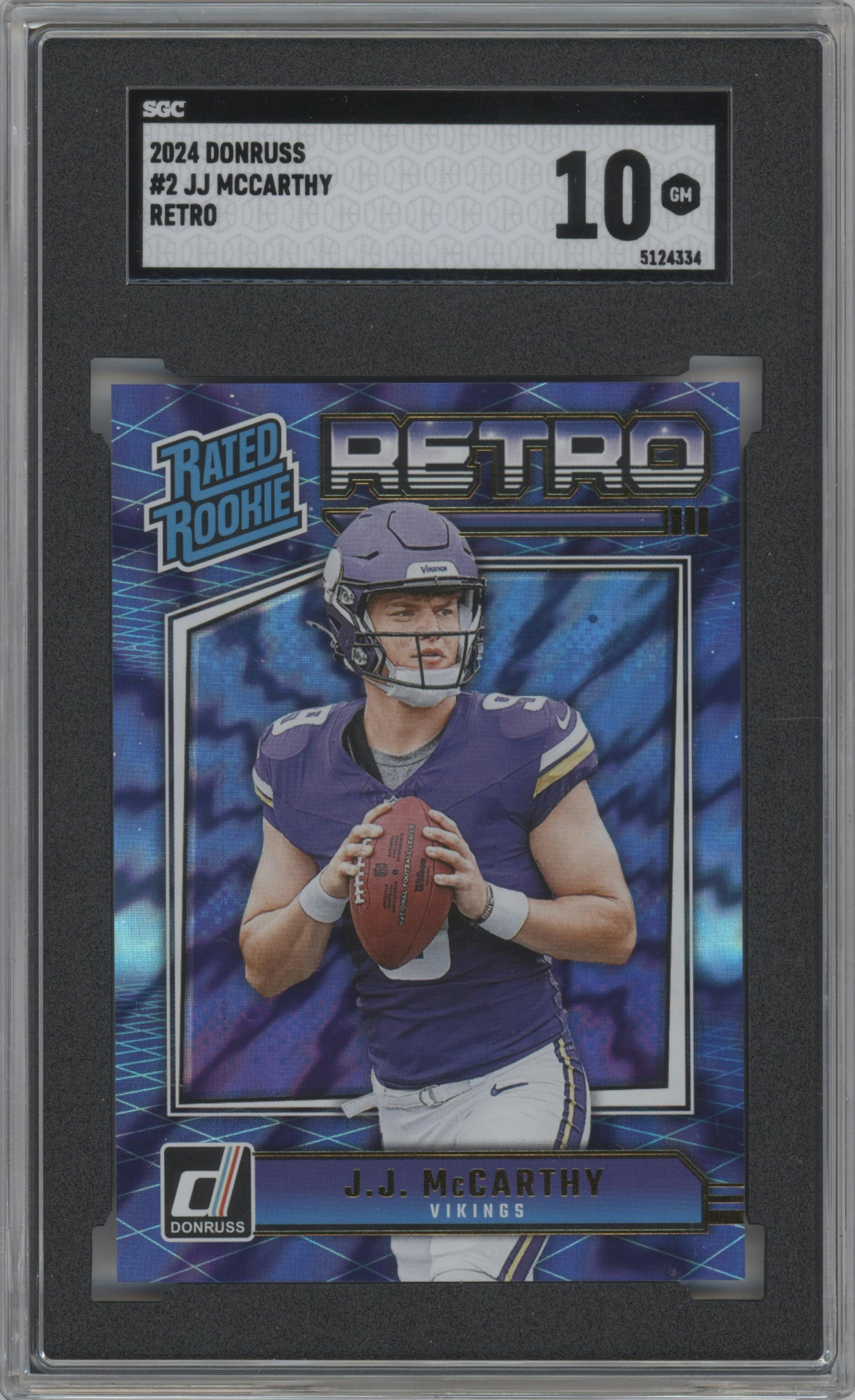 J.J. McCarthy from the 2024 Donruss set graded by SGC and given an overall grade of 10.