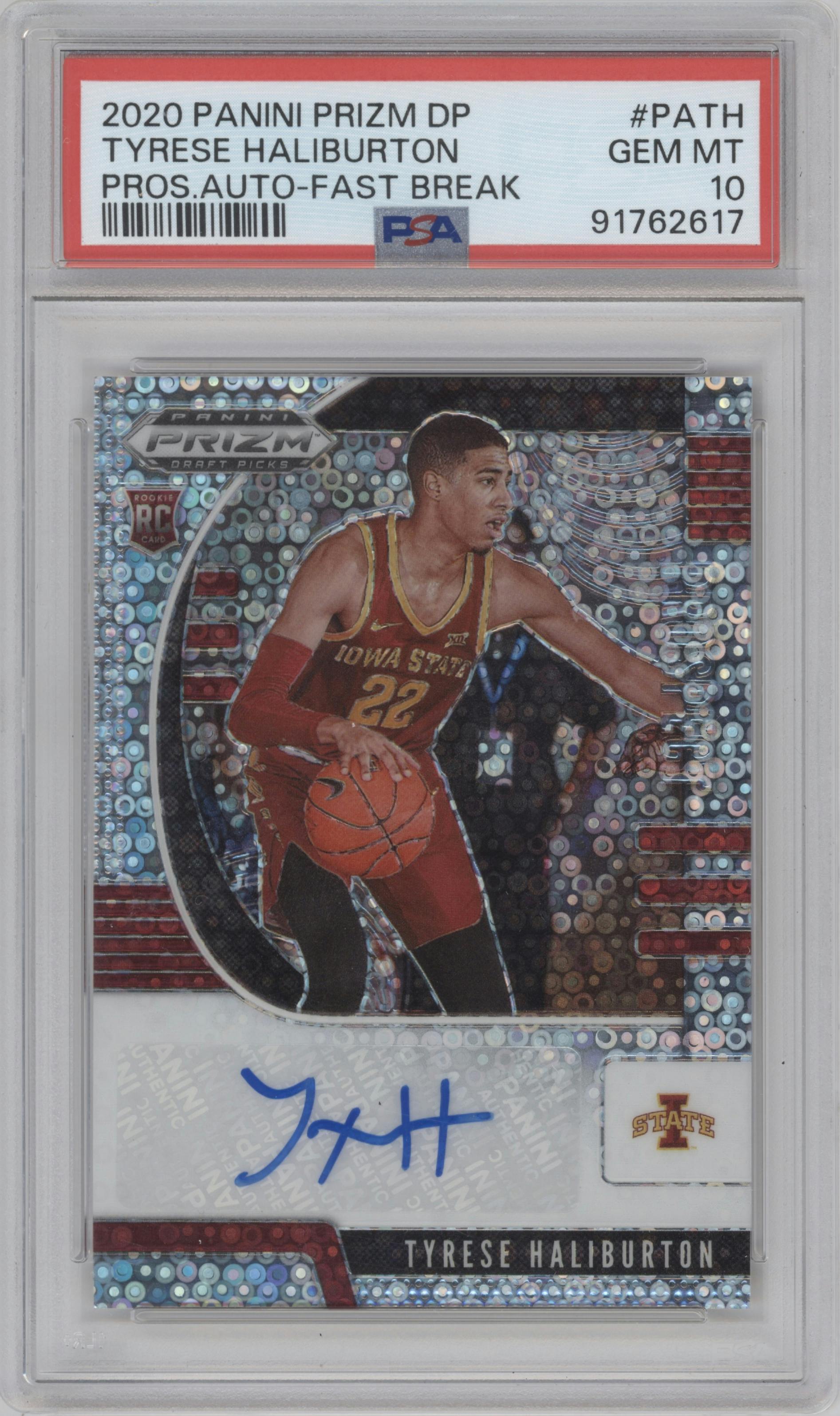 Tyrese Haliburton from the 2020-21 Panini Prizm Draft Picks set featuring a Fast Break Prizm parallel graded by PSA and given an overall grade of 10.