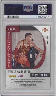 Tyrese Haliburton from the 2020-21 Panini Prizm Draft Picks set featuring a Fast Break Prizm parallel graded by PSA and given an overall grade of 10.