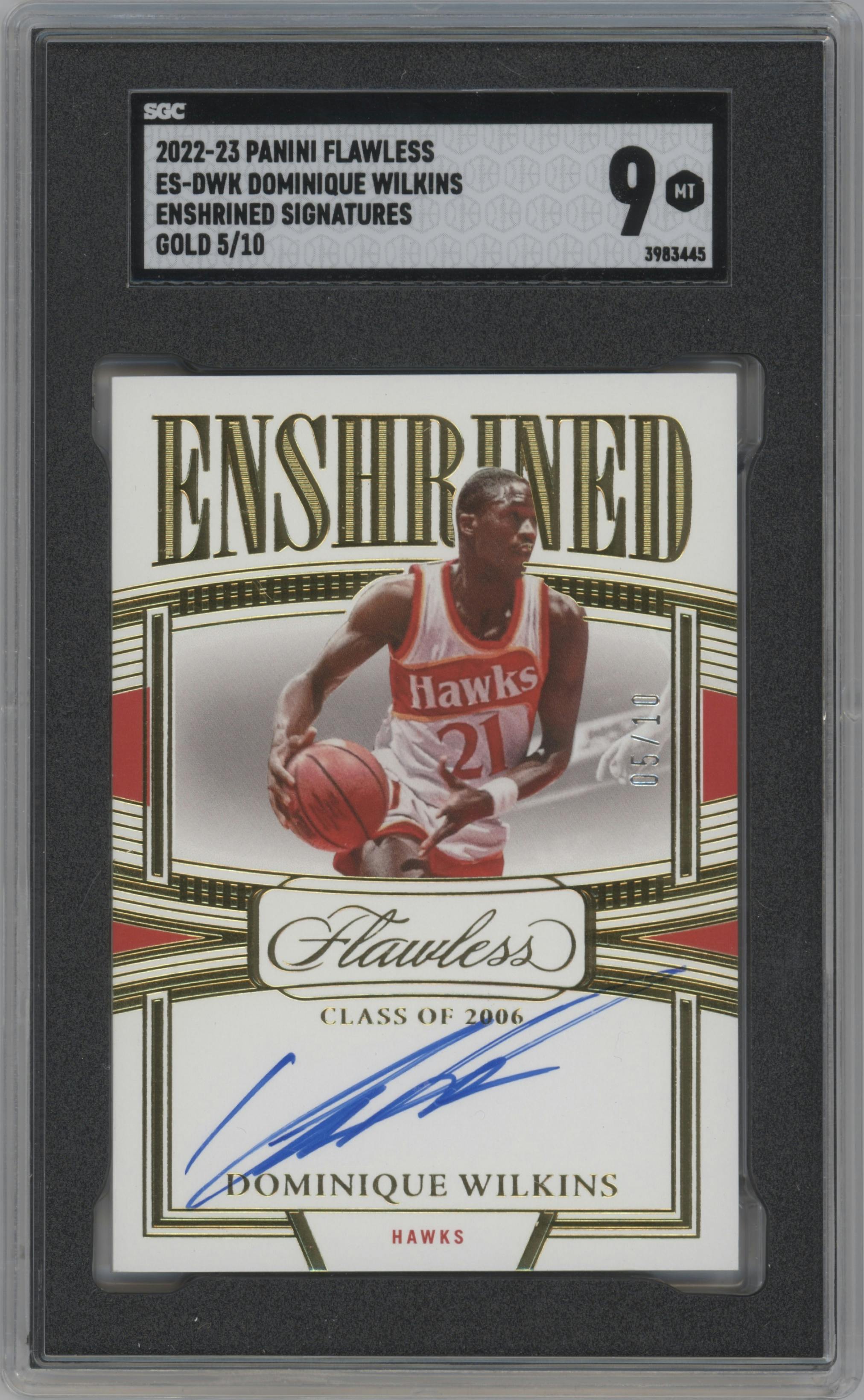 Dominique Wilkins from the 2022-23 Panini Flawless set featuring a Gold parallel graded by SGC and given an overall grade of 9.