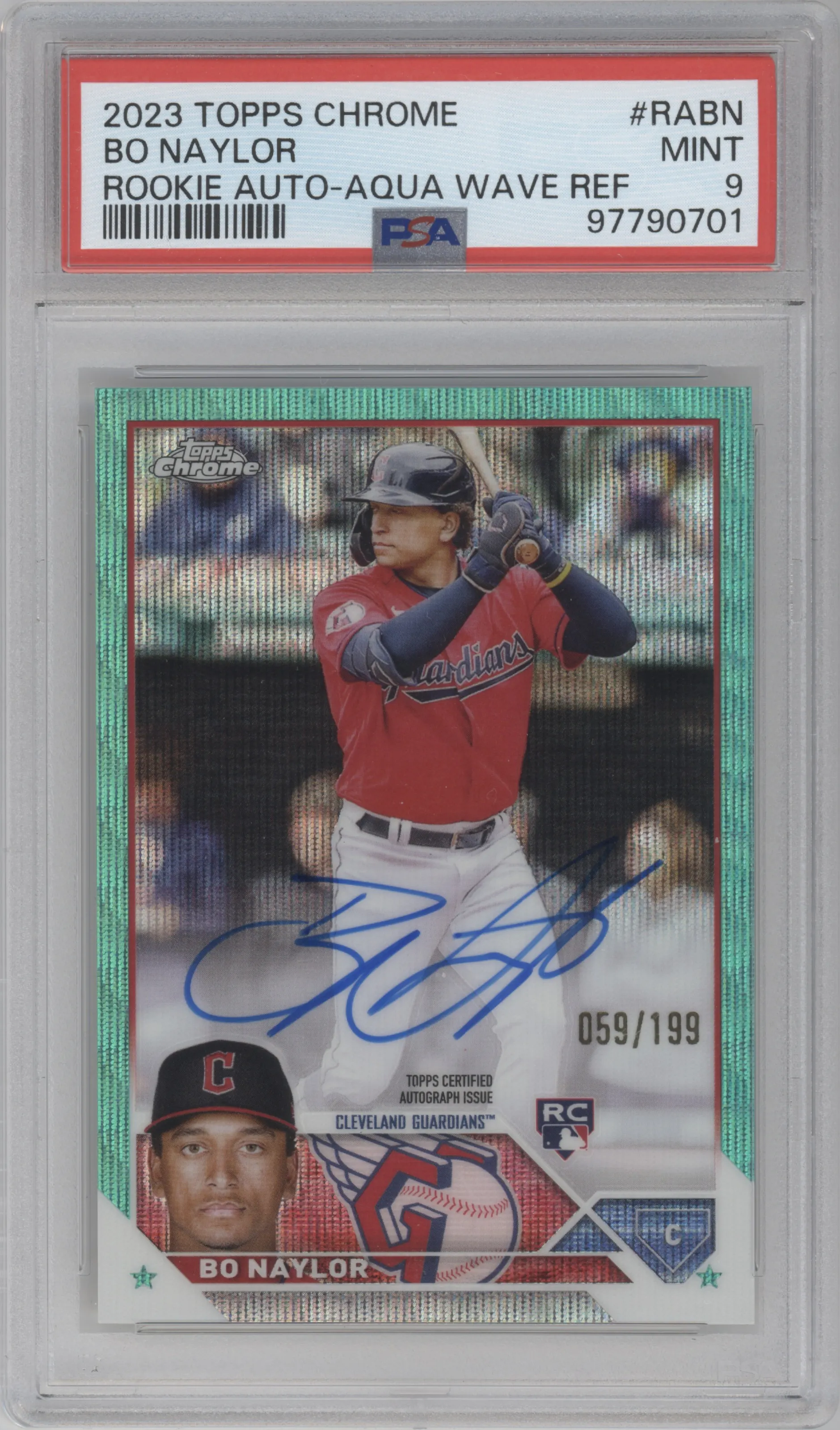 2023 Topps Chrome Rke.Auto Bo Naylor Aqua Wave Refractor PSA 9