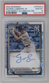 George Lombard Jr. from the 2024 Bowman set featuring a Mini-Diamond Refractor parallel graded by PSA and given an overall grade of 10.