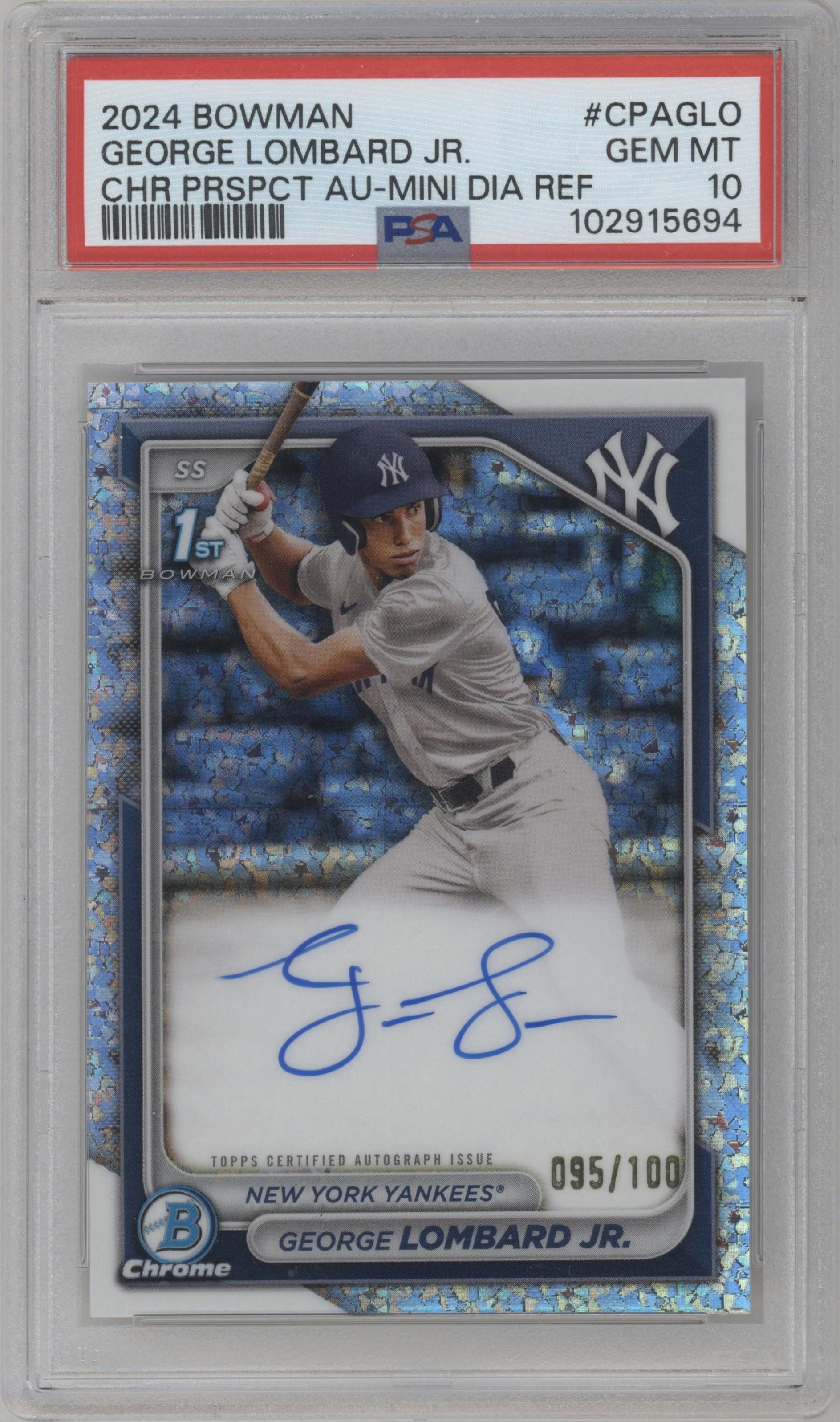 George Lombard Jr. from the 2024 Bowman set featuring a Mini-Diamond Refractor parallel graded by PSA and given an overall grade of 10.