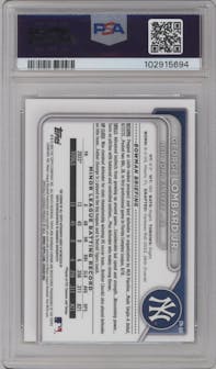 George Lombard Jr. from the 2024 Bowman set featuring a Mini-Diamond Refractor parallel graded by PSA and given an overall grade of 10.