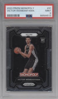 Victor Wembanyama from the 2023-24 Panini Prizm Monopoly set graded by PSA and given an overall grade of 9.