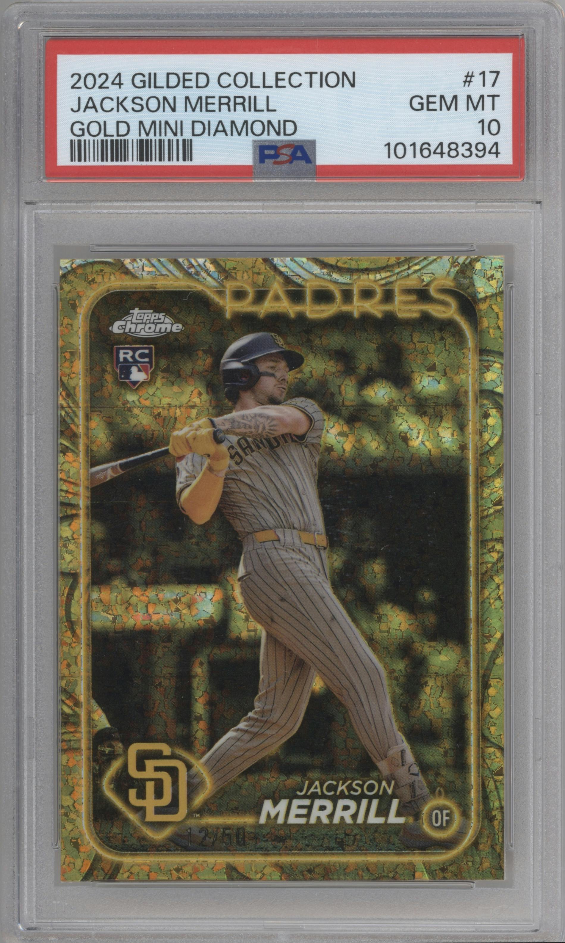 Jackson Merrill from the 2024 Topps Gilded Collection set featuring a Mini-Diamond Gold Refractor parallel graded by PSA and given an overall grade of 10.