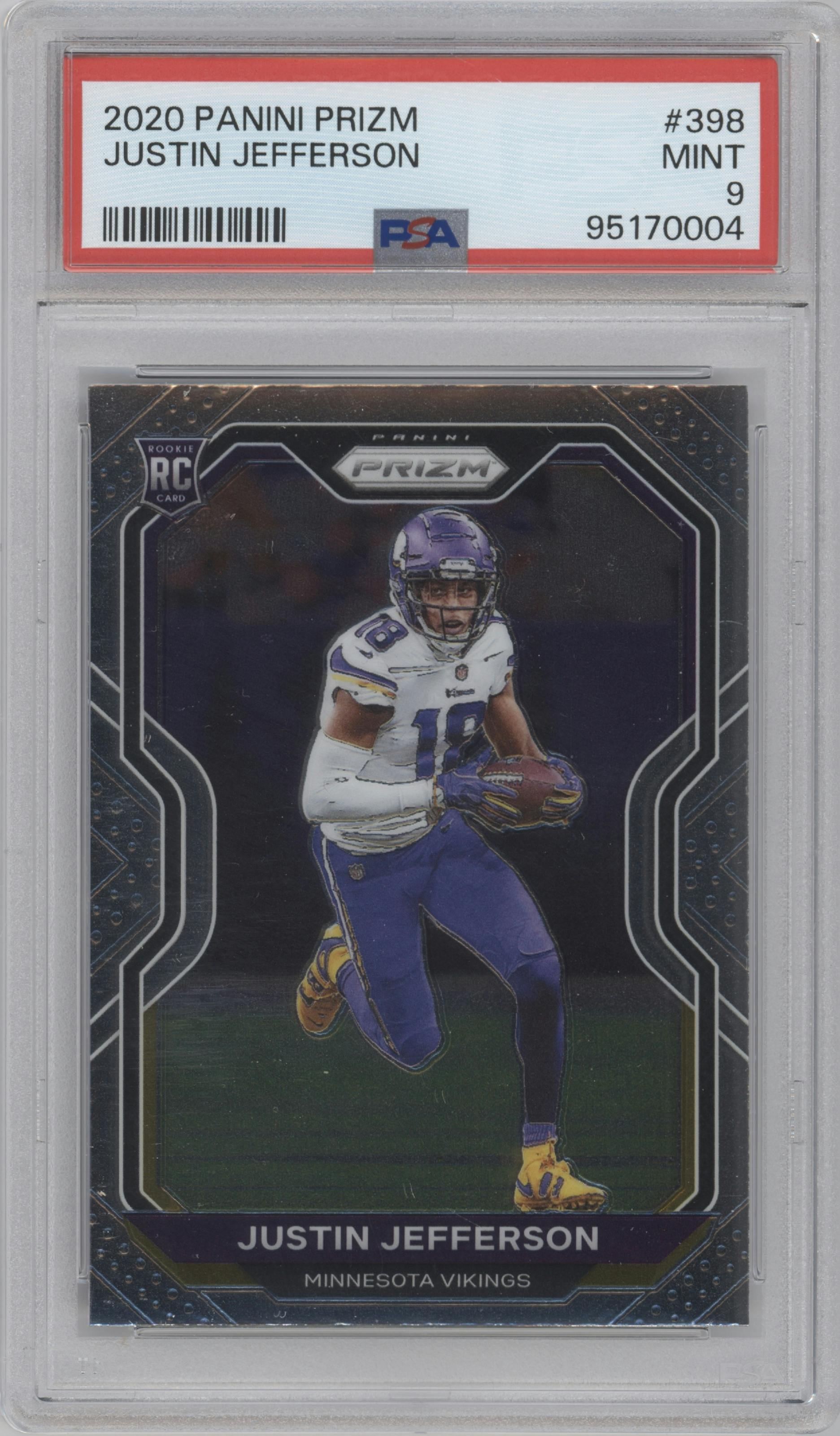 Justin Jefferson from the 2020 Panini Prizm set graded by PSA and given an overall grade of 9.