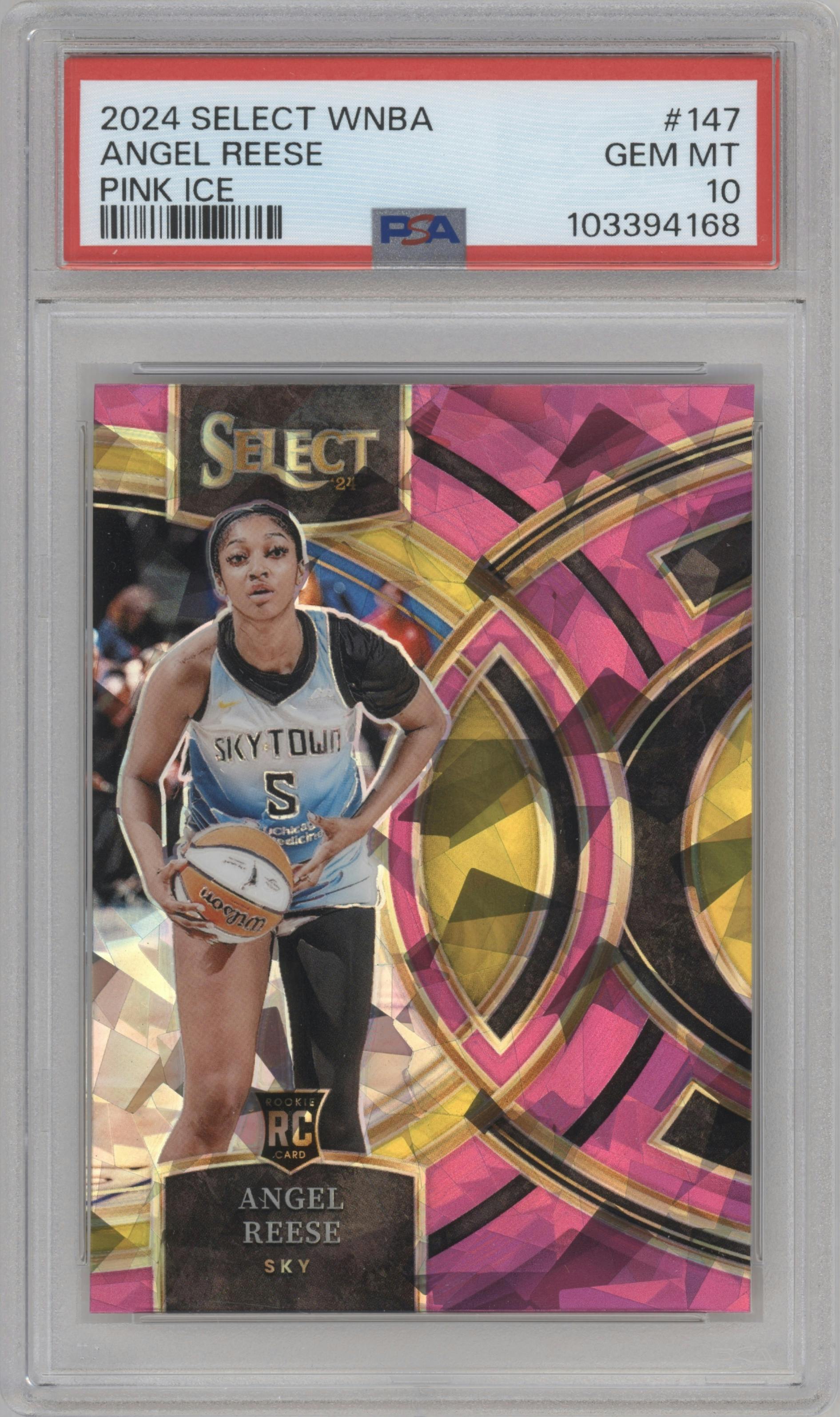 Angel Reese from the 2024 Panini Select WNBA set featuring a Pink Ice parallel graded by PSA and given an overall grade of 10.
