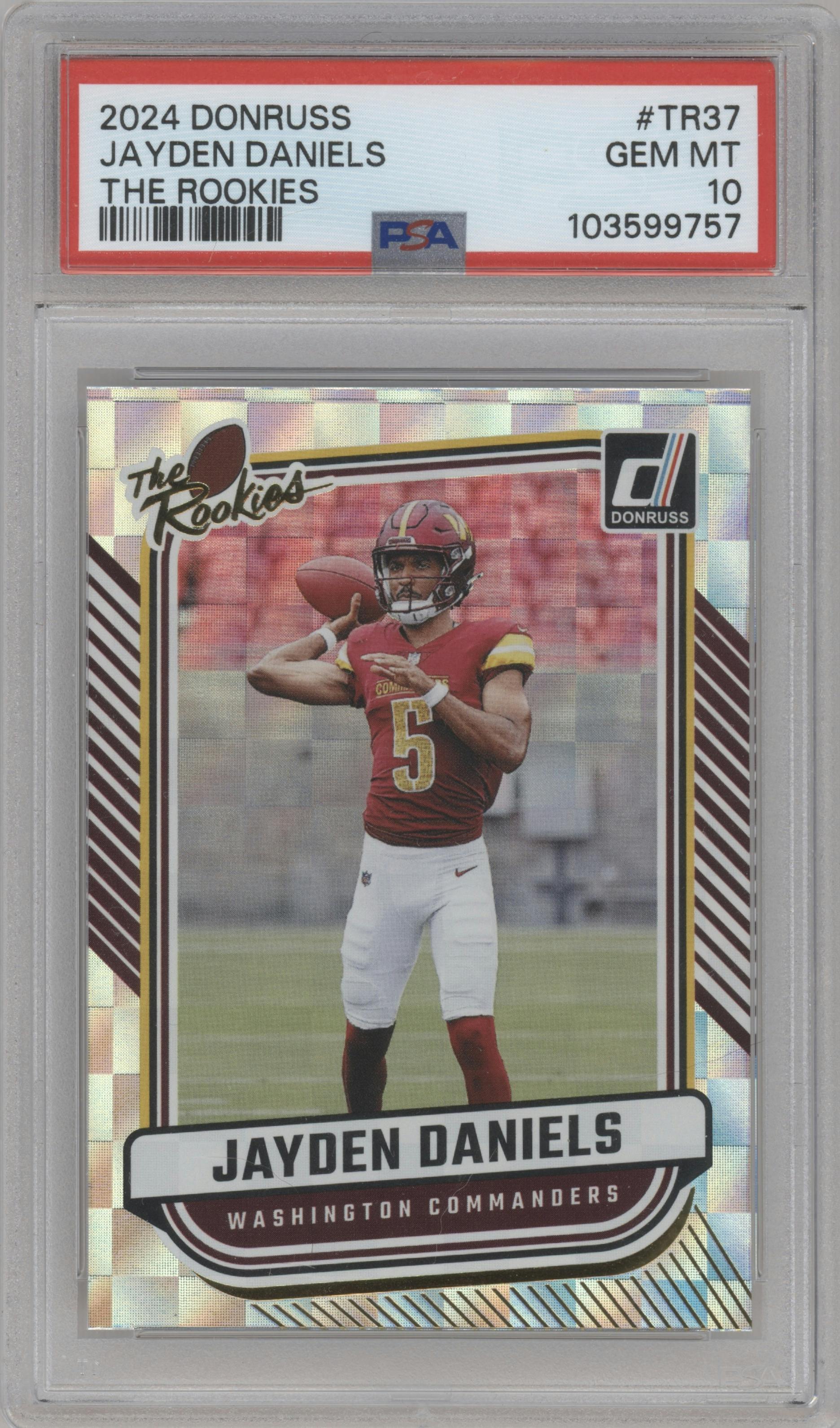 Jayden Daniels from the 2024 Donruss set graded by PSA and given an overall grade of 10.