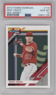 Mike Trout from the 2019 Donruss set graded by PSA and given an overall grade of 10.