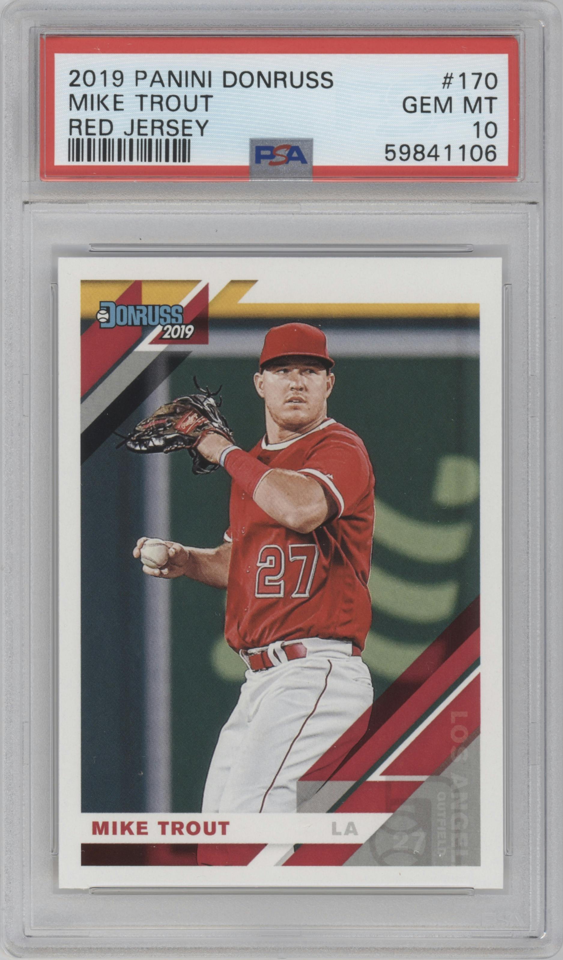 Mike Trout from the 2019 Donruss set graded by PSA and given an overall grade of 10.
