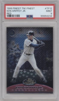 Ken Griffey Jr. from the 1999 Topps Finest set featuring a Red parallel graded by PSA and given an overall grade of 9.
