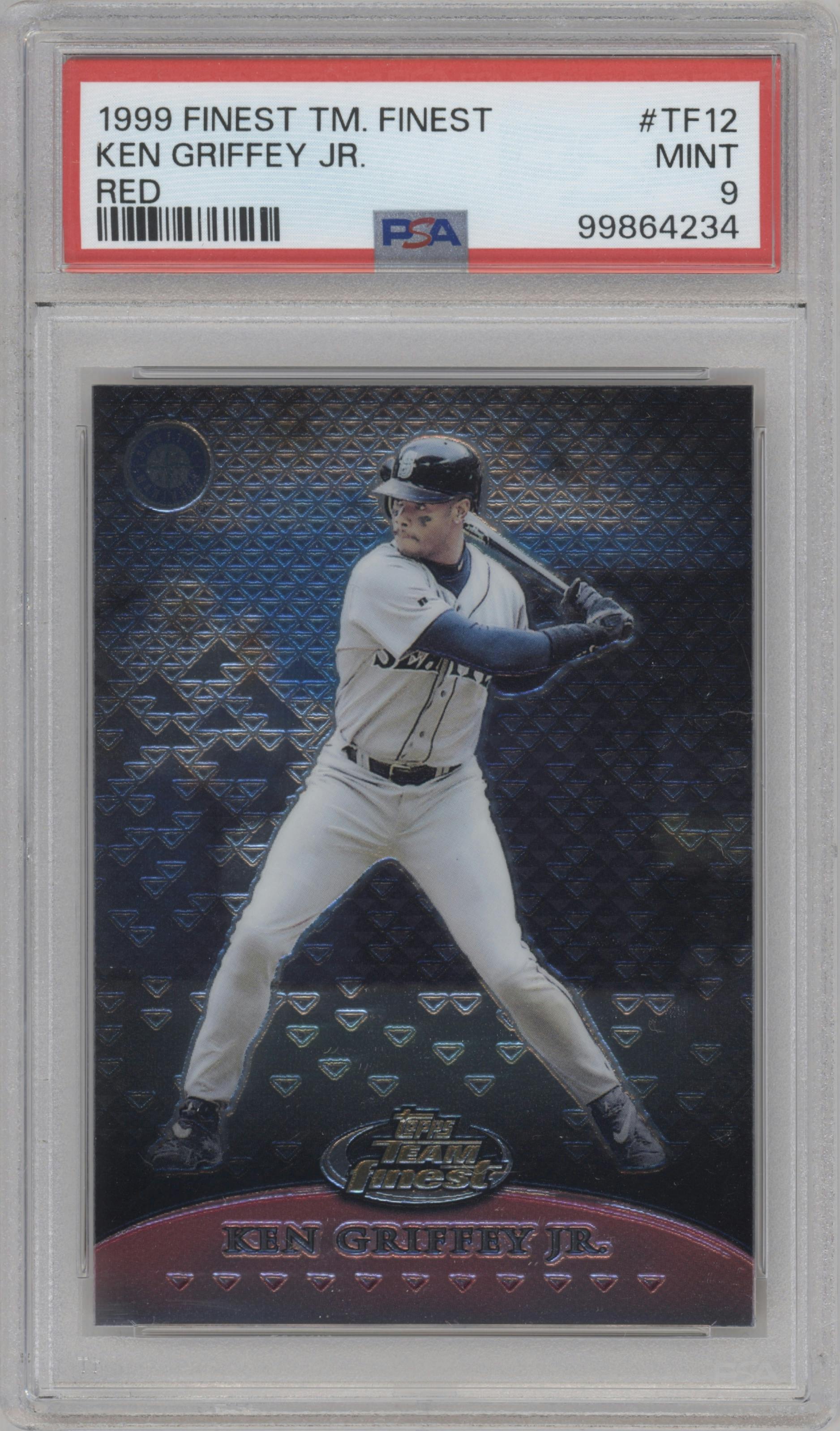 Ken Griffey Jr. from the 1999 Topps Finest set featuring a Red parallel graded by PSA and given an overall grade of 9.