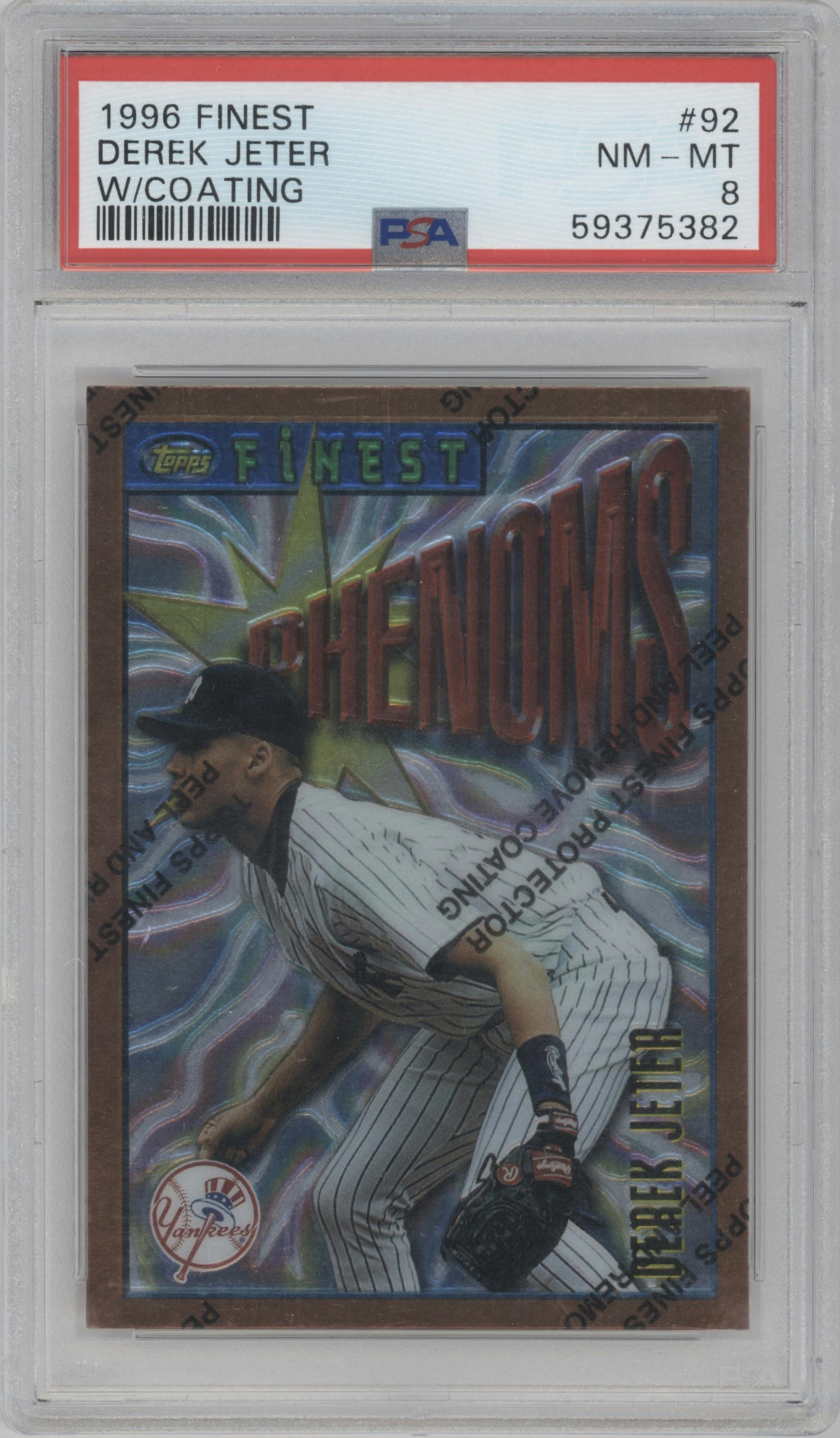 Derek Jeter from the 1996 Topps Finest set featuring a W/ Coating parallel graded by PSA and given an overall grade of 8.