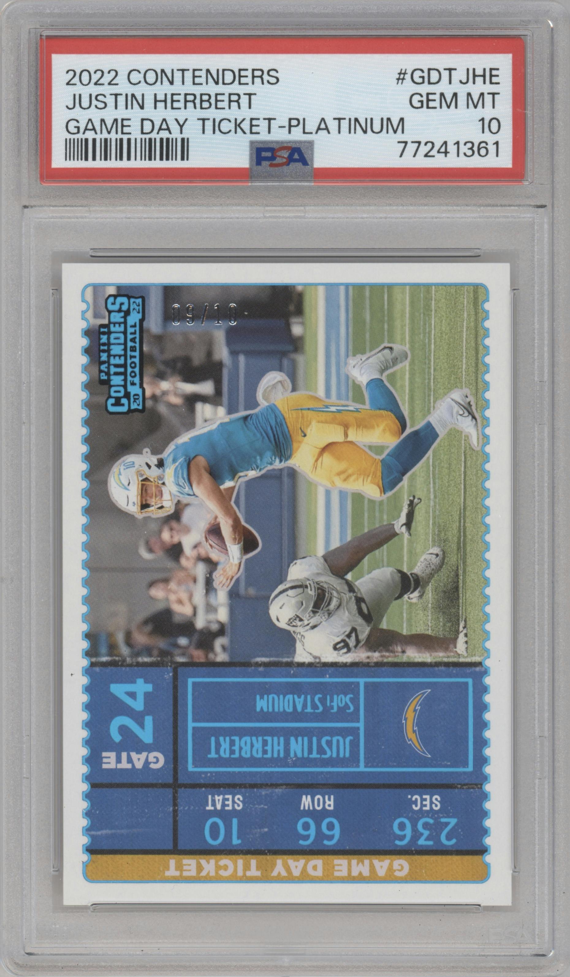Justin Herbert from the 2022 Panini Contenders set featuring a Platinum parallel graded by PSA and given an overall grade of 10.