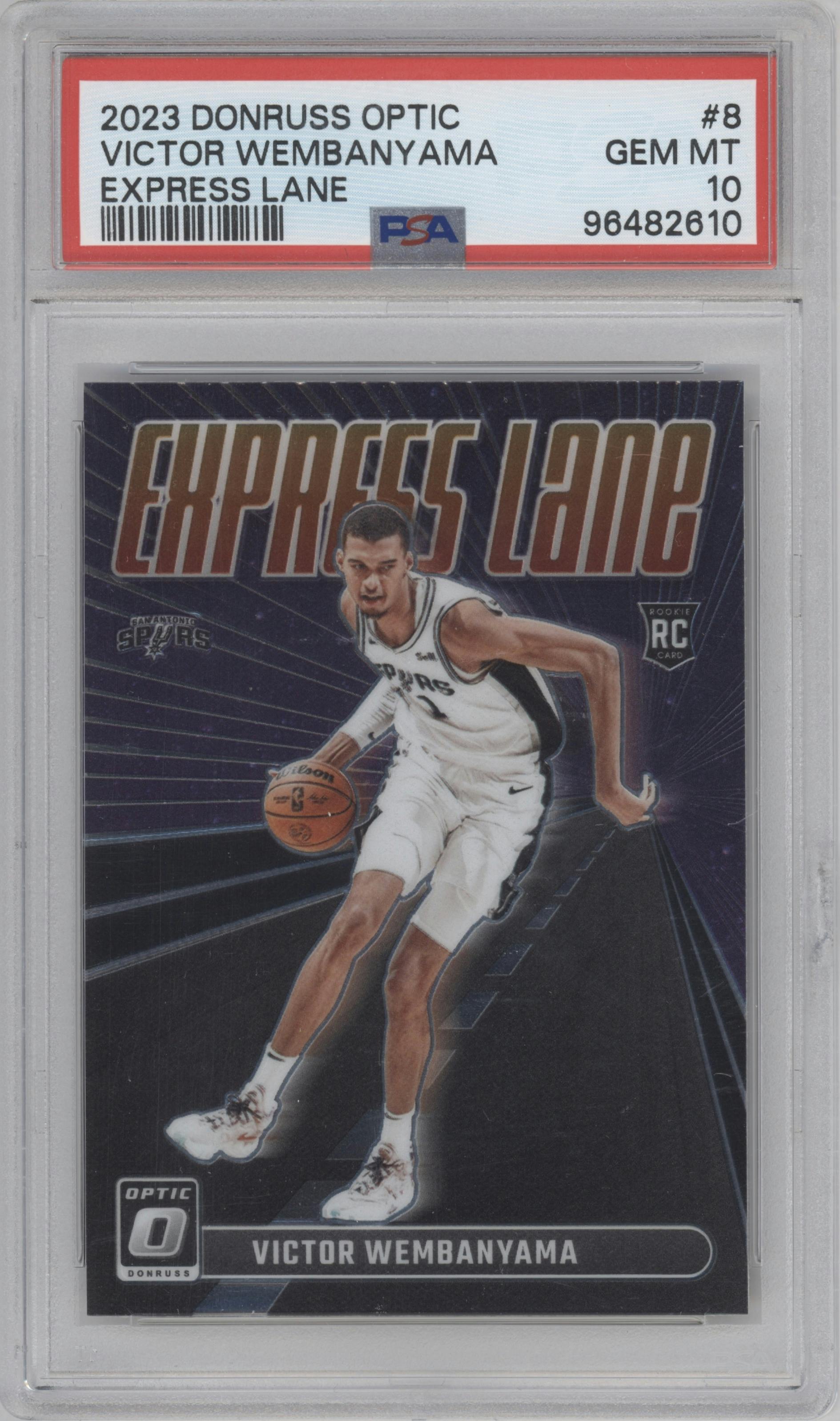 Victor Wembanyama from the 2023-24 Donruss Optic set graded by PSA and given an overall grade of 10.