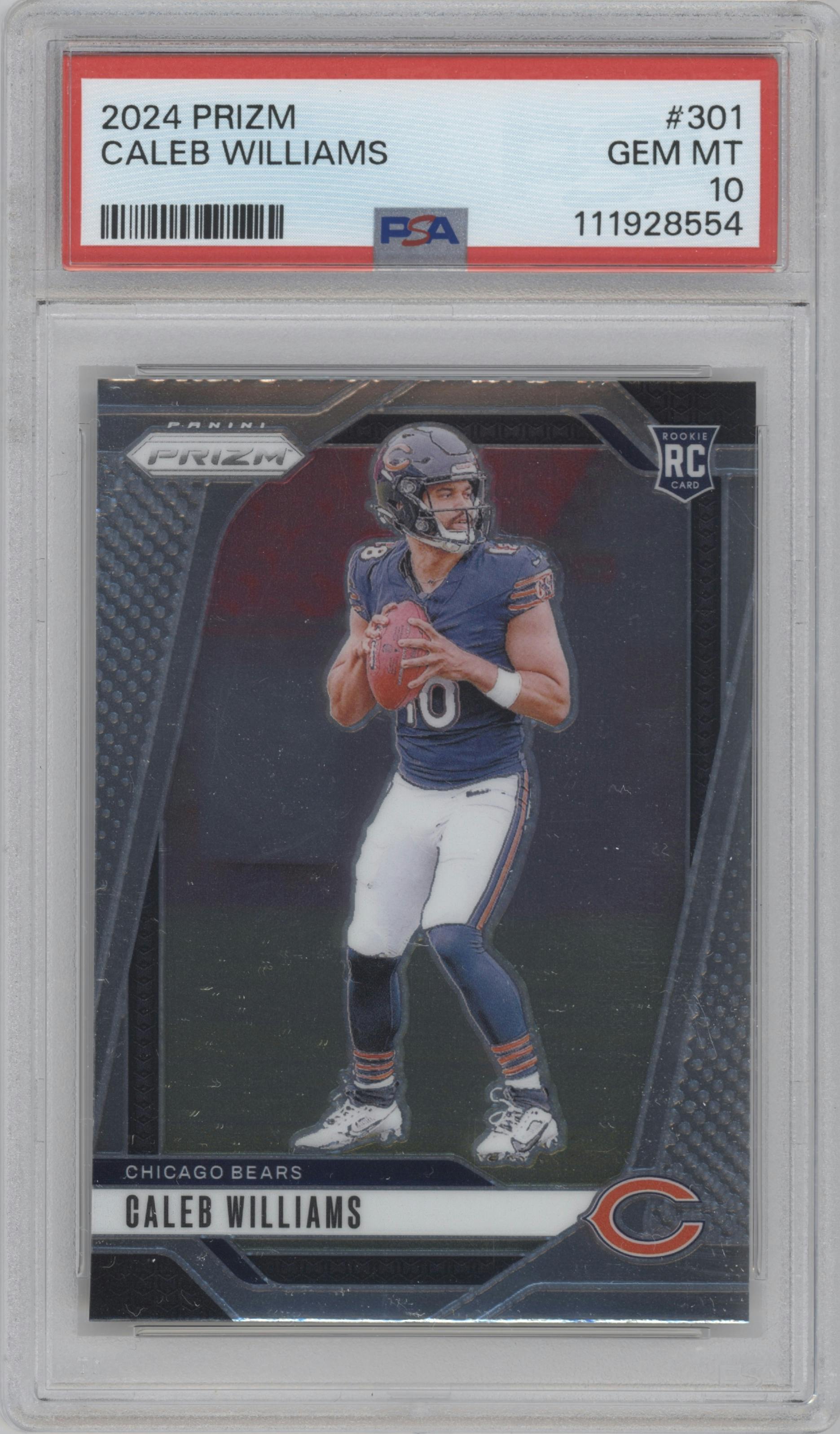 Caleb Williams from the 2024 Panini Prizm set graded by PSA and given an overall grade of 10.