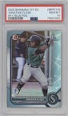 Jonatan Clase from the 2022 Bowman 1st Edition set featuring a Sky Blue Foil parallel graded by PSA and given an overall grade of 10.
