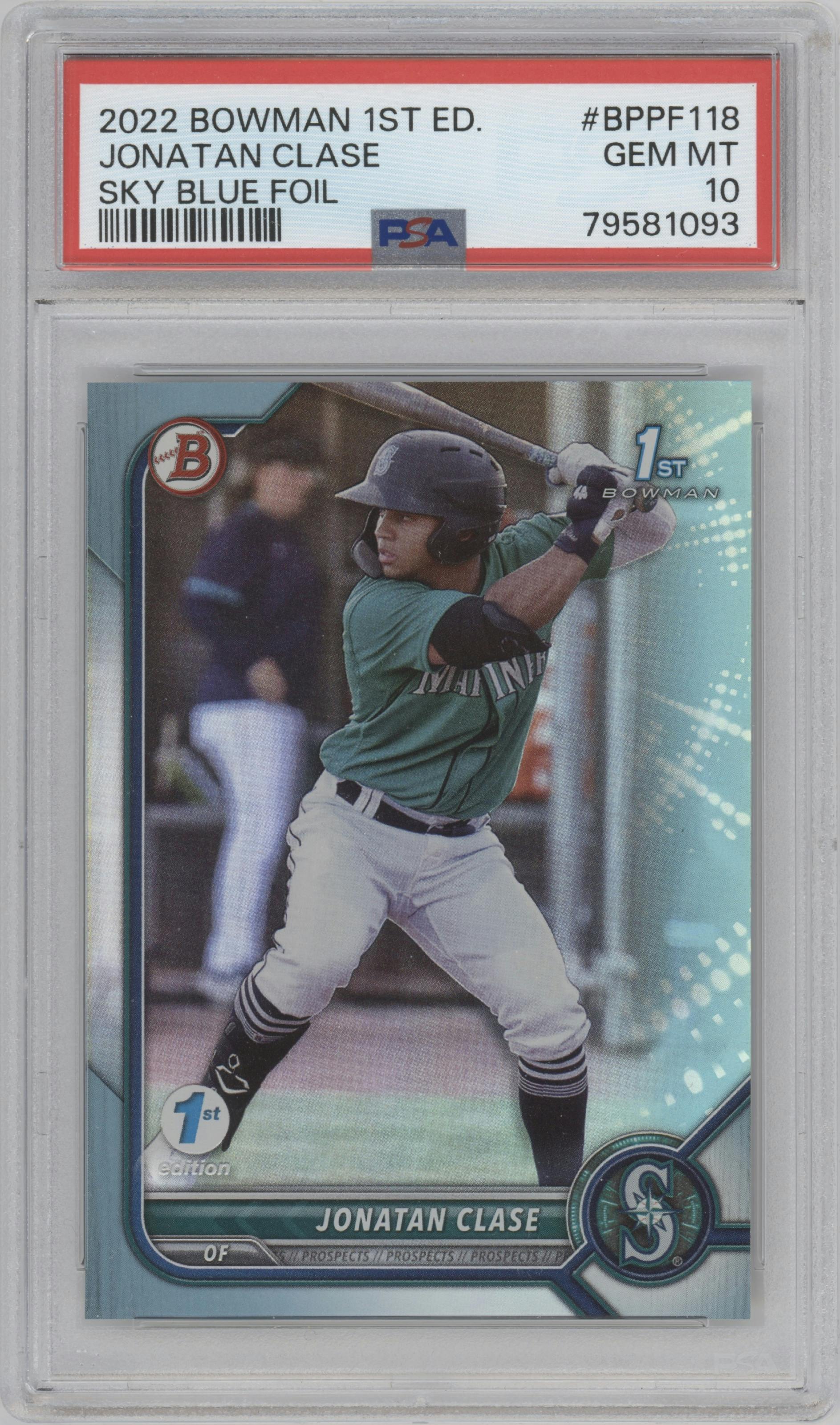 Jonatan Clase from the 2022 Bowman 1st Edition set featuring a Sky Blue Foil parallel graded by PSA and given an overall grade of 10.