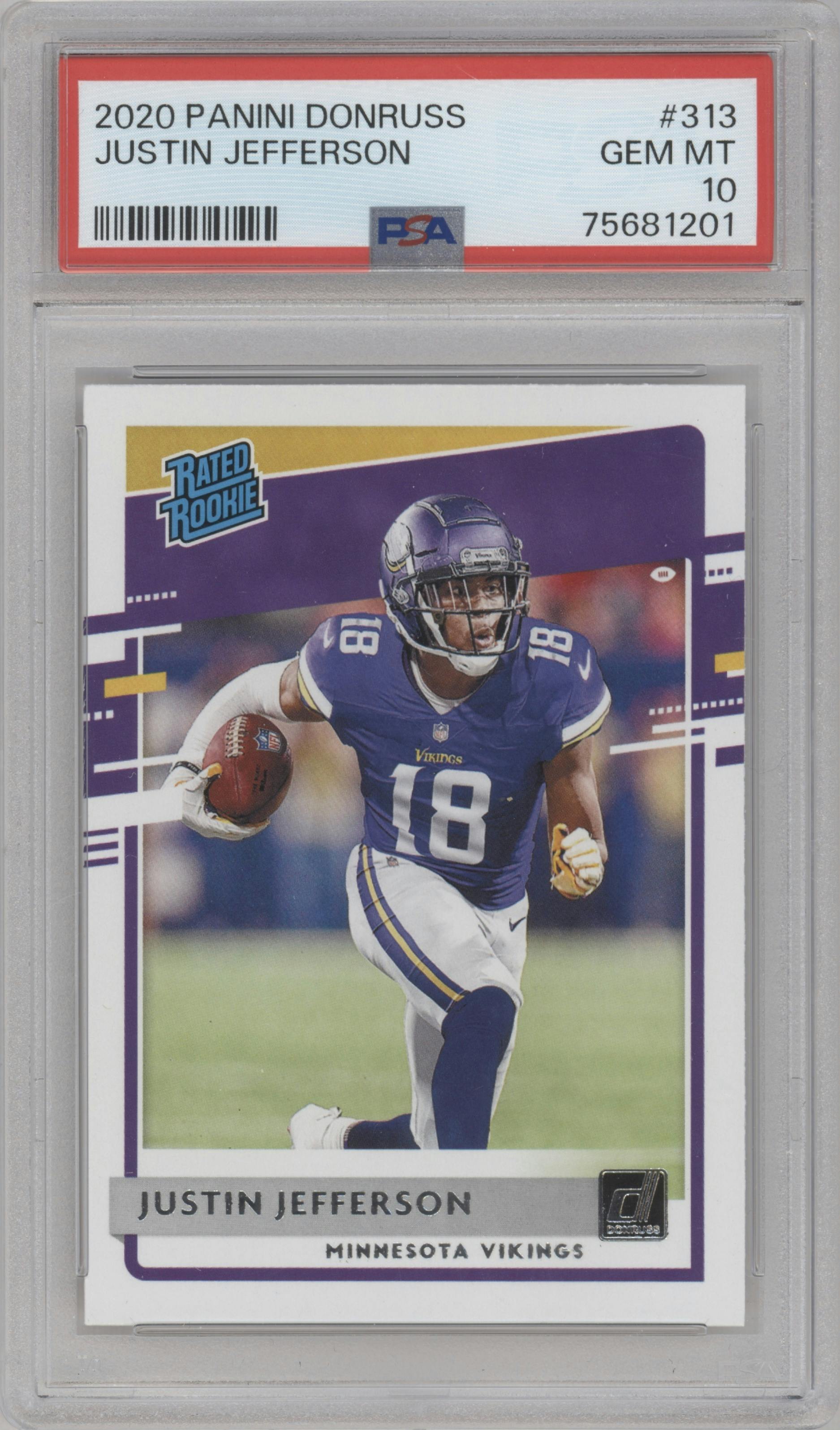 Justin Jefferson from the 2020 Panini Donruss set graded by PSA and given an overall grade of 10.
