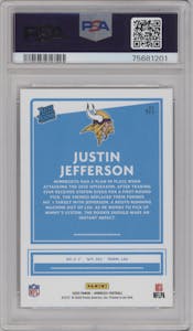Justin Jefferson from the 2020 Panini Donruss set graded by PSA and given an overall grade of 10.