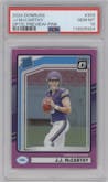 J.J. McCarthy from the 2024 Donruss set featuring a Pink parallel graded by PSA and given an overall grade of 10.