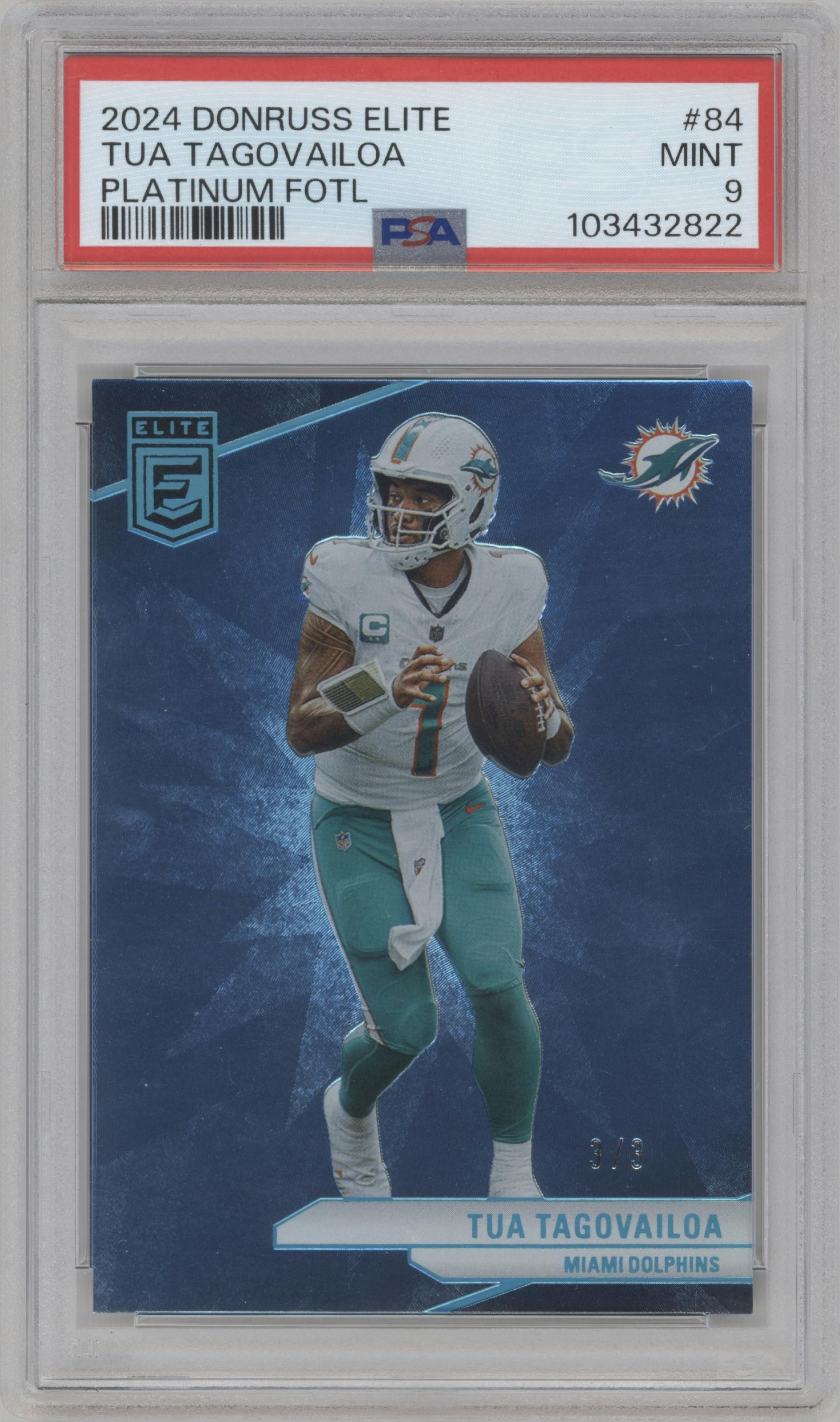 Tua Tagovailoa from the 2024 Panini Donruss Elite set featuring a Platinum FOTL parallel graded by PSA and given an overall grade of 9.