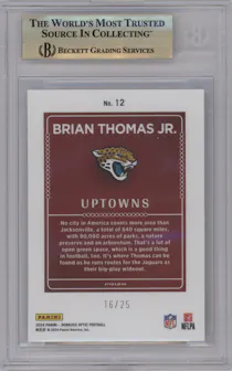 Brian Thomas Jr. from the 2024 Donruss Optic set featuring a White Pandora parallel graded by Beckett and given an overall grade of 9.5.
