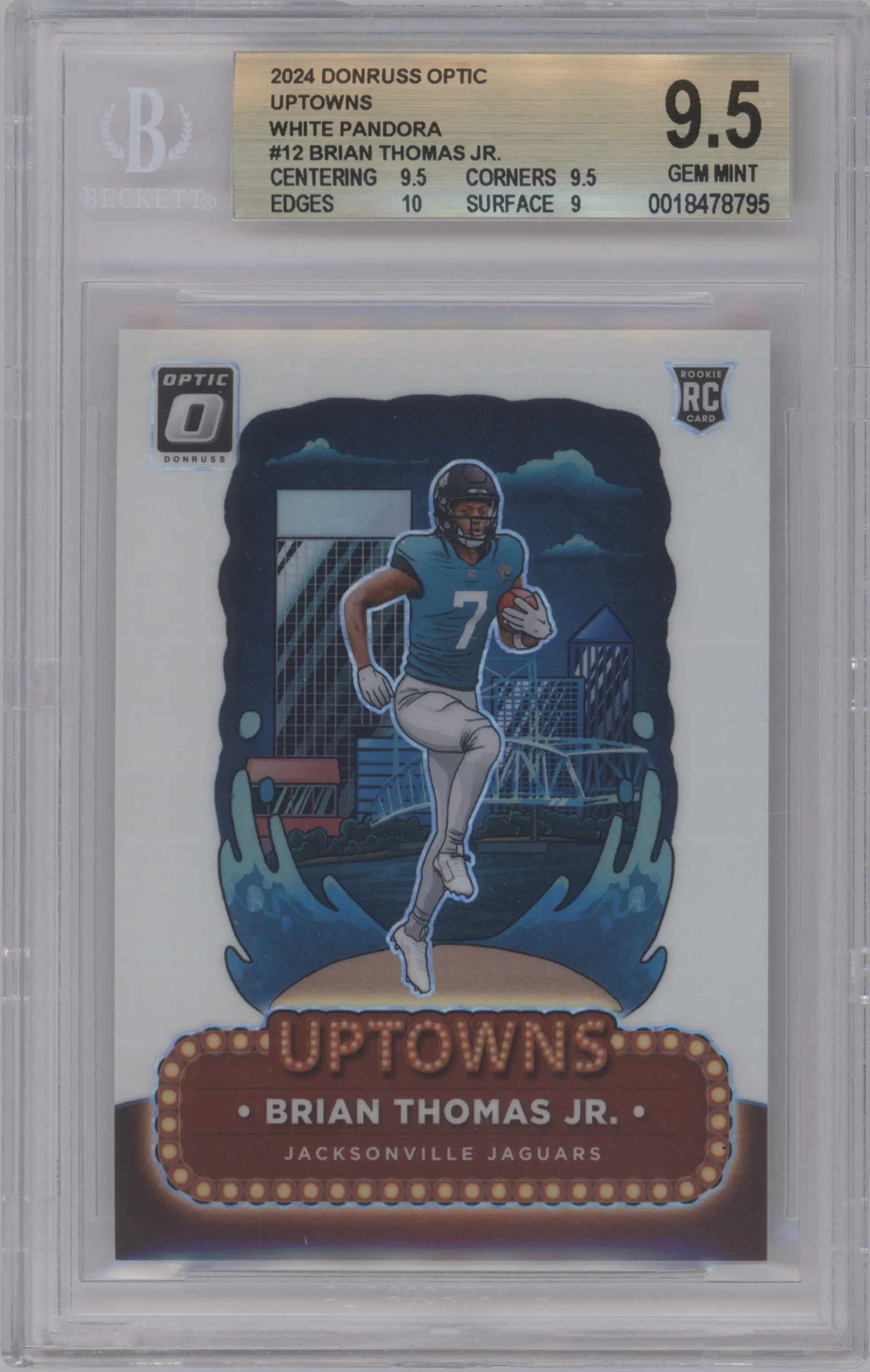 Brian Thomas Jr. from the 2024 Donruss Optic set featuring a White Pandora parallel graded by Beckett and given an overall grade of 9.5.