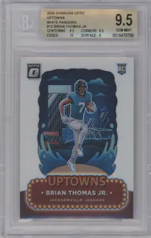 Brian Thomas Jr. from the 2024 Donruss Optic set featuring a White Pandora parallel graded by Beckett and given an overall grade of 9.5.