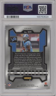 Jahmyr Gibbs from the 2023 Panini Prizm set featuring a Silver Prizm parallel graded by PSA and given an overall grade of 10.