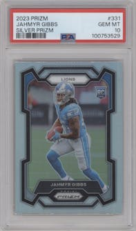 Jahmyr Gibbs from the 2023 Panini Prizm set featuring a Silver Prizm parallel graded by PSA and given an overall grade of 10.