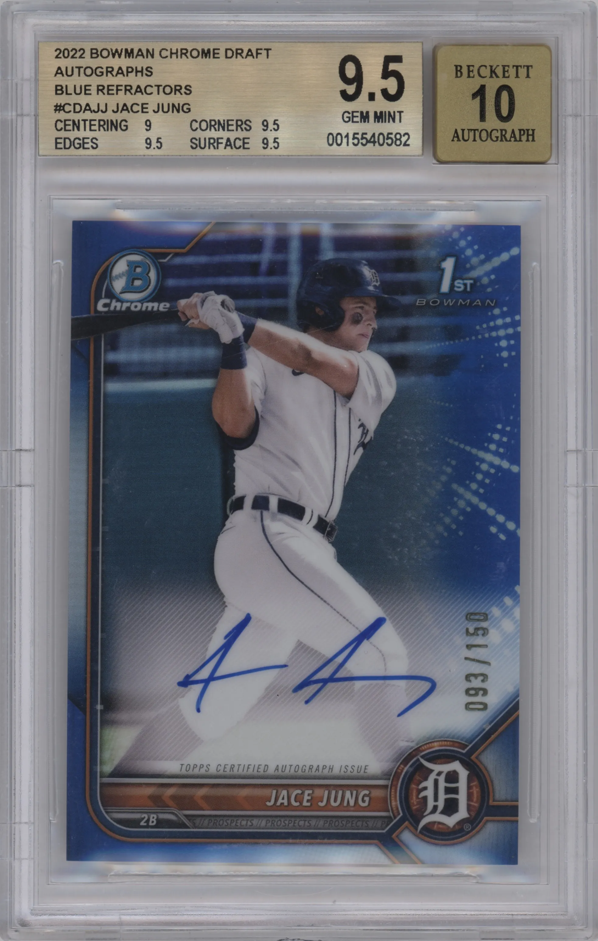 2022 Bowman Draft Chr.DP Auto Jace Jung Blue Refractor BGS 9.5
