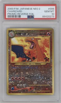 Charizard from the 2000 Pokemon Neo 2 JPN set graded by PSA and given an overall grade of 10.