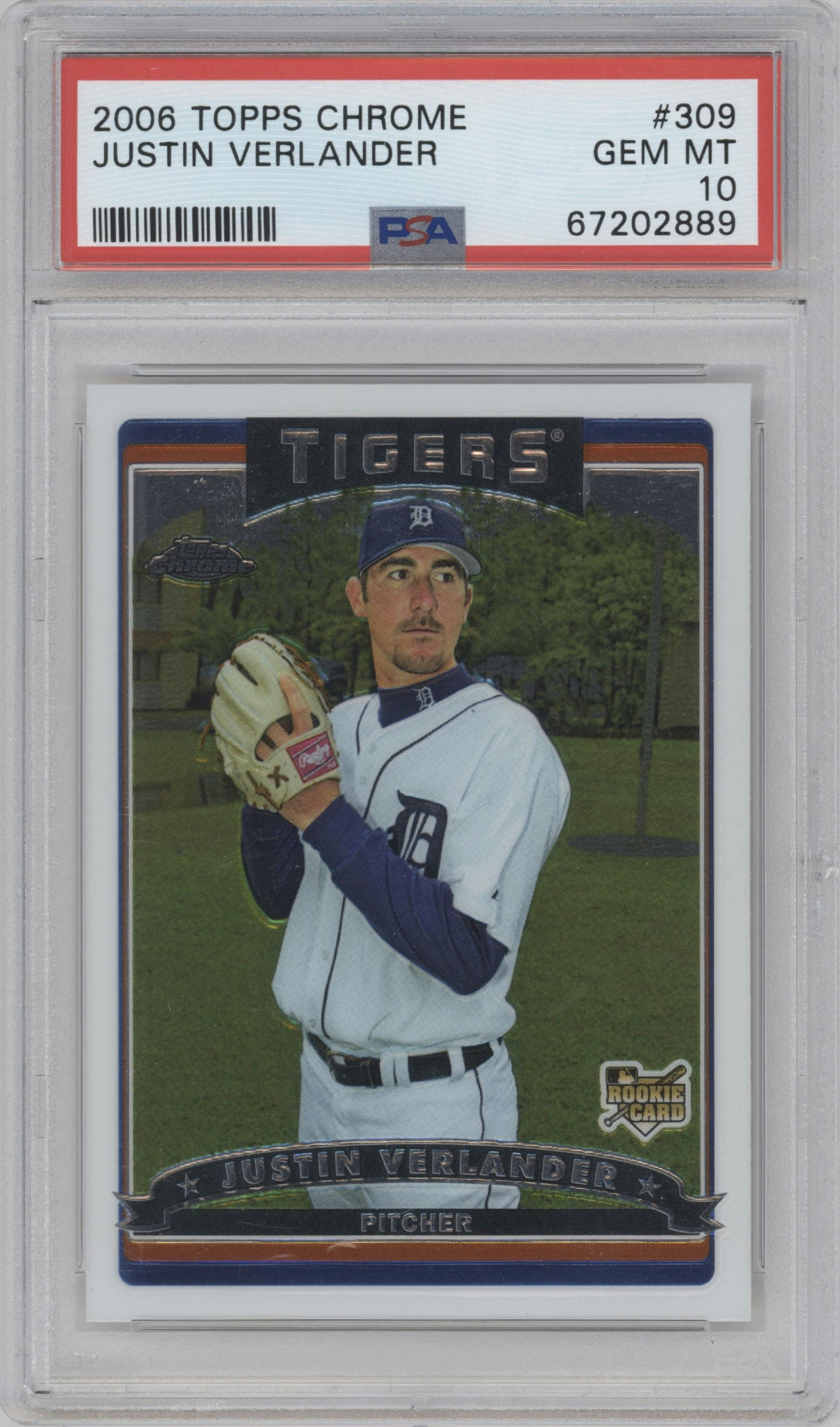 Justin Verlander from the 2006 Topps Chrome set graded by PSA and given an overall grade of 10.