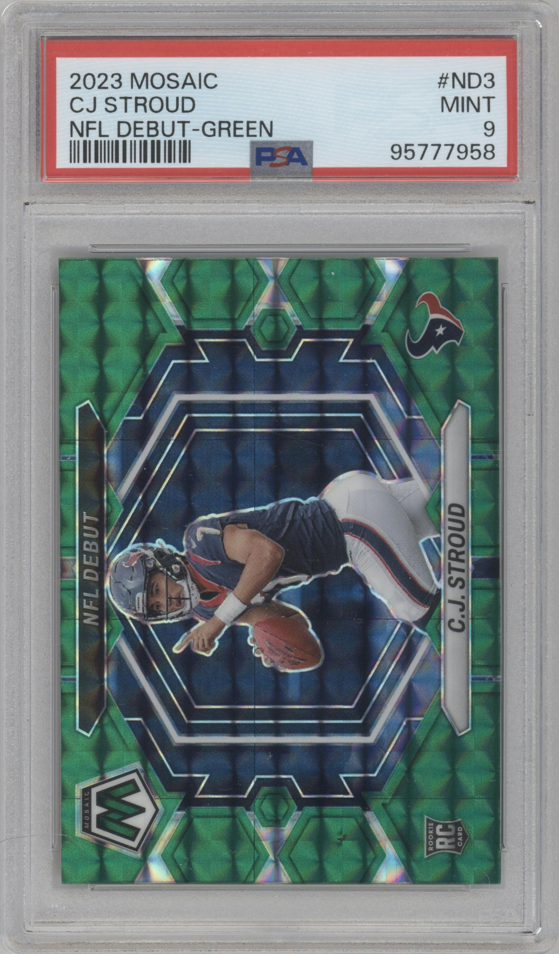 C.J. Stroud  from the 2023 Panini Mosaic set featuring a Green Mosaic parallel graded by PSA and given an overall grade of 9.