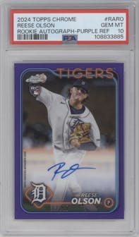 Reese Olson from the 2024 Topps Chrome set featuring a Purple Refractor parallel graded by PSA and given an overall grade of 10.