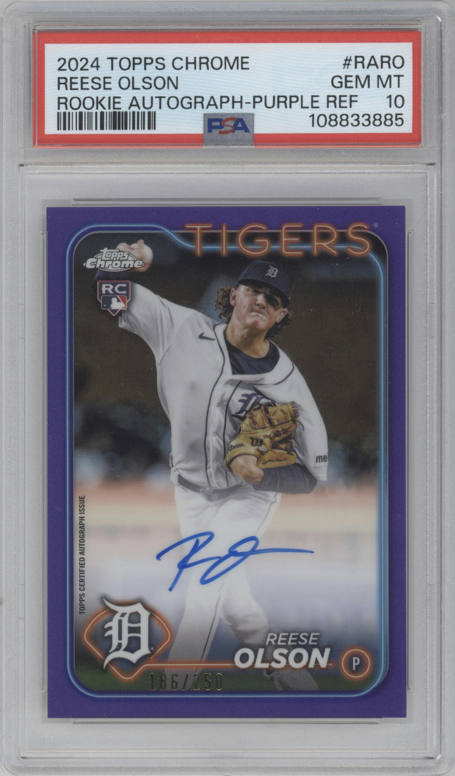 Reese Olson from the 2024 Topps Chrome set featuring a Purple Refractor parallel graded by PSA and given an overall grade of 10.