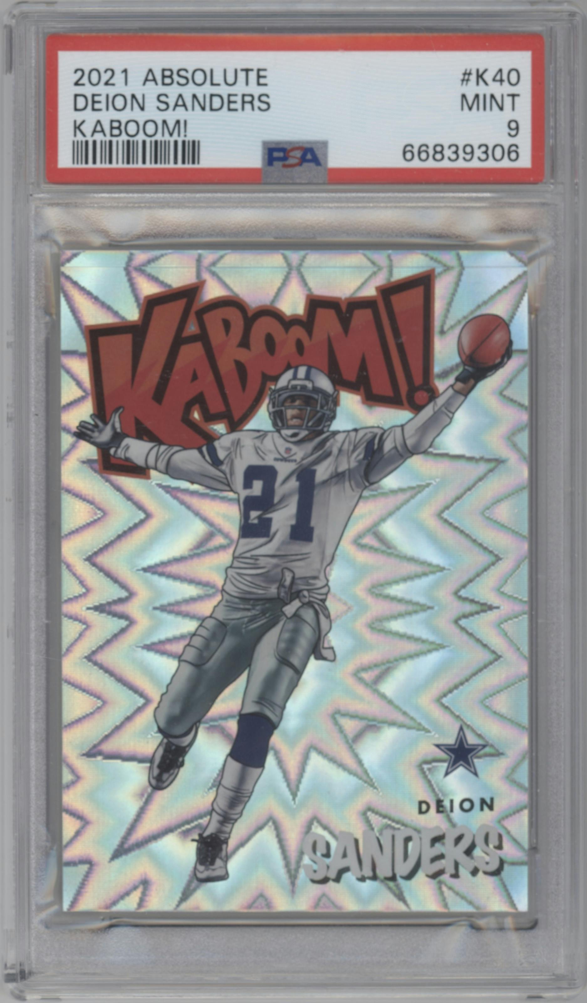 Deion Sanders from the 2021 Panini Absolute set graded by PSA and given an overall grade of 9.