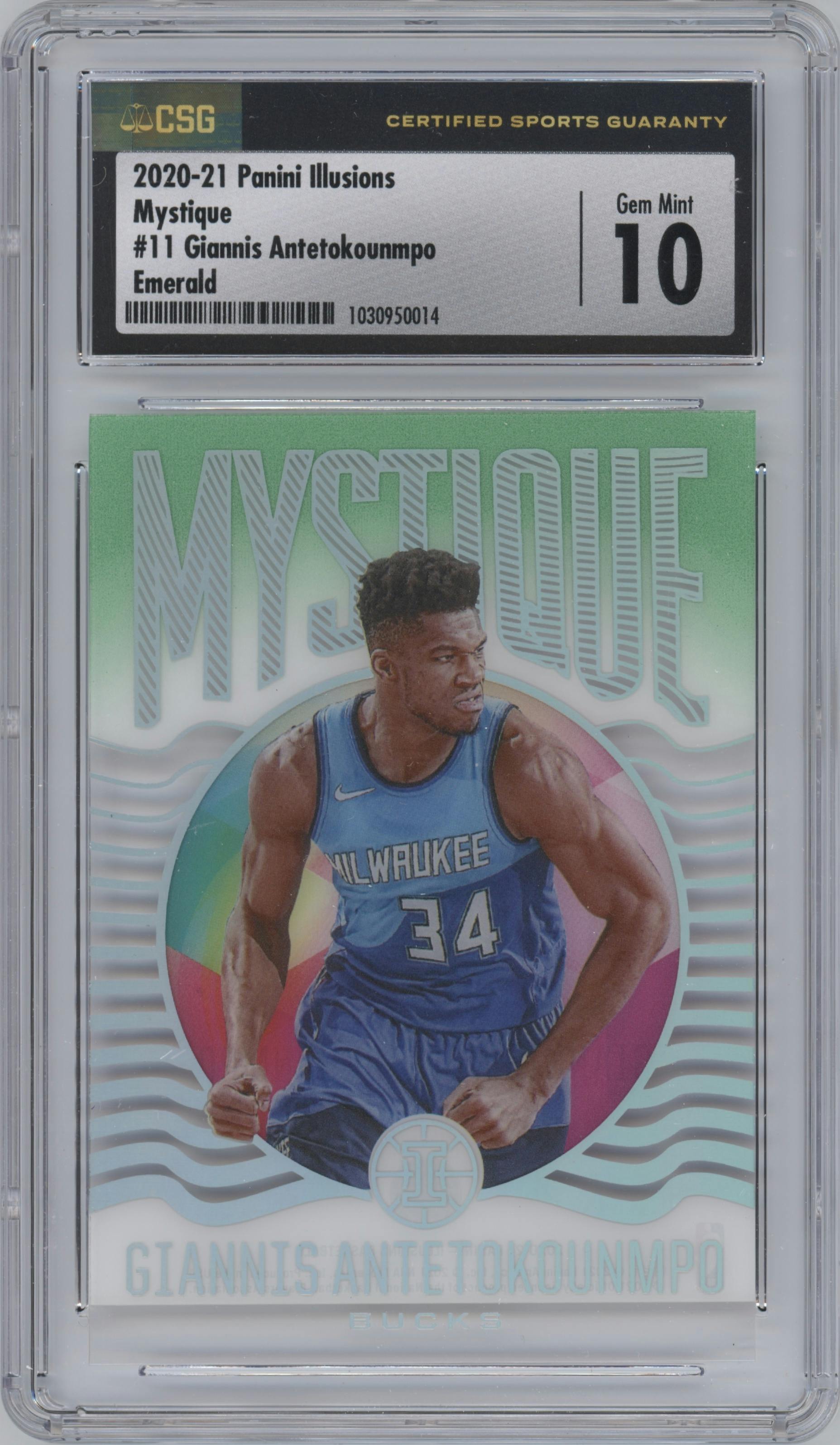 Giannis Antetokounmpo from the 2020-21 Panini Illusions  set featuring a Emerald parallel graded by CSG and given an overall grade of 10.
